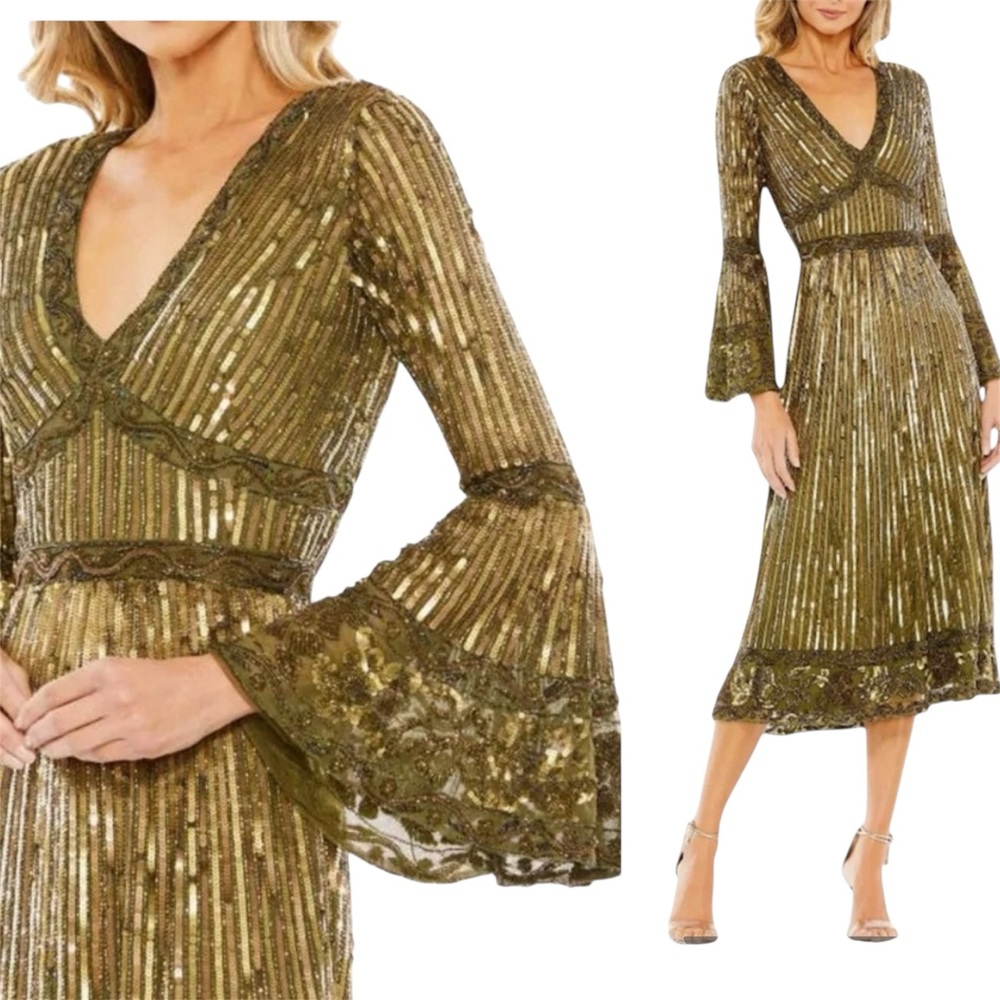 Mac Duggal Green Embellished 3/4 Sleeve V Neck A Line Dress Size 6